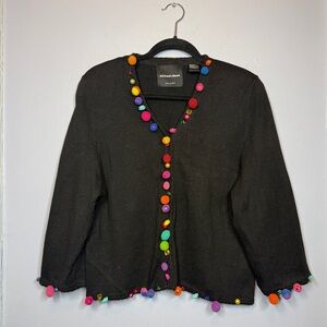 Vintage Michael Simon black V-neck cardigan rainbow Pom poms size XL